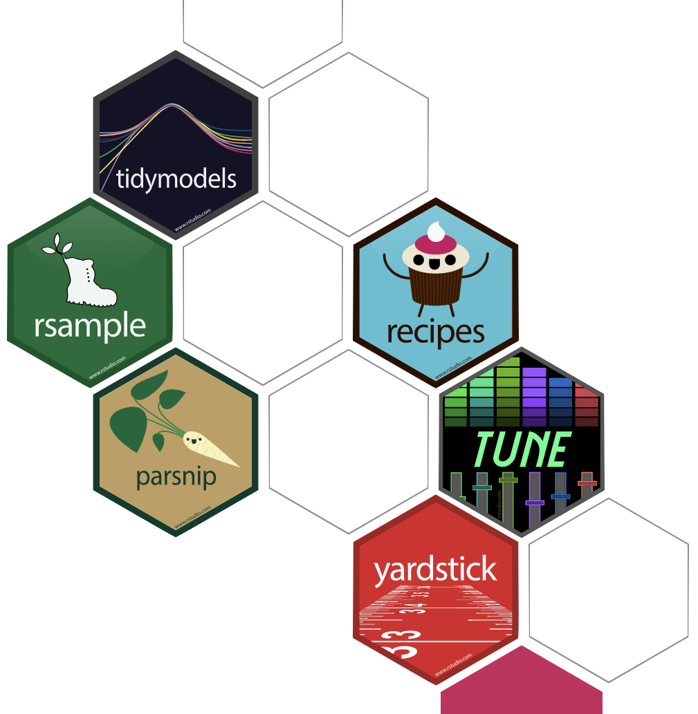 Hex logos for tidymodels and a few of the packages in tidymodels